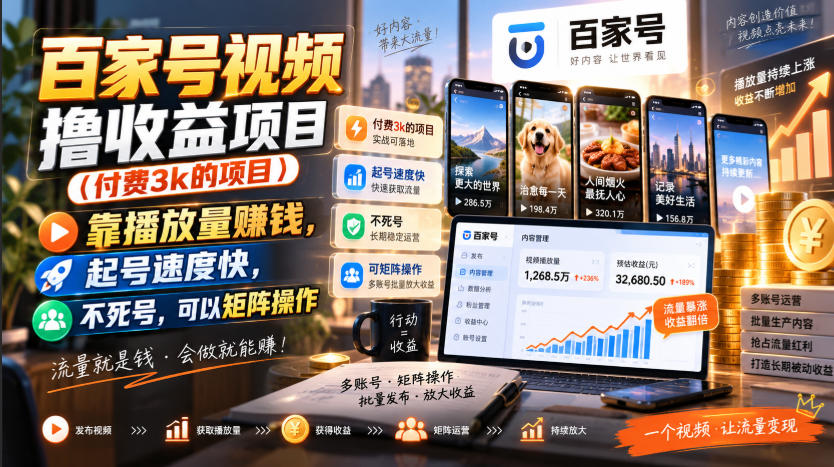 百家号视频撸收益项目(付费3k的项目)，靠播放量賺钱，起号速度快，不死号，可以矩阵操作-LanTi云网创