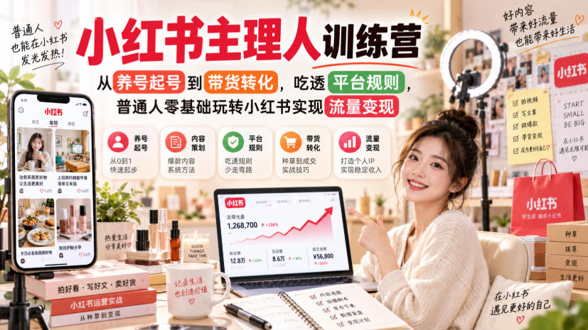 小红书主理人训练营，从养号起号到带货转化，吃透平台规则，普通人零基础玩转小红书实现流量变现-LanTi云网创