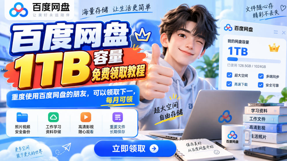 百度网盘1TB容量免费领取教程，重度使用百度网盘的朋友，可以领取下一，每月可领-LanTi云网创
