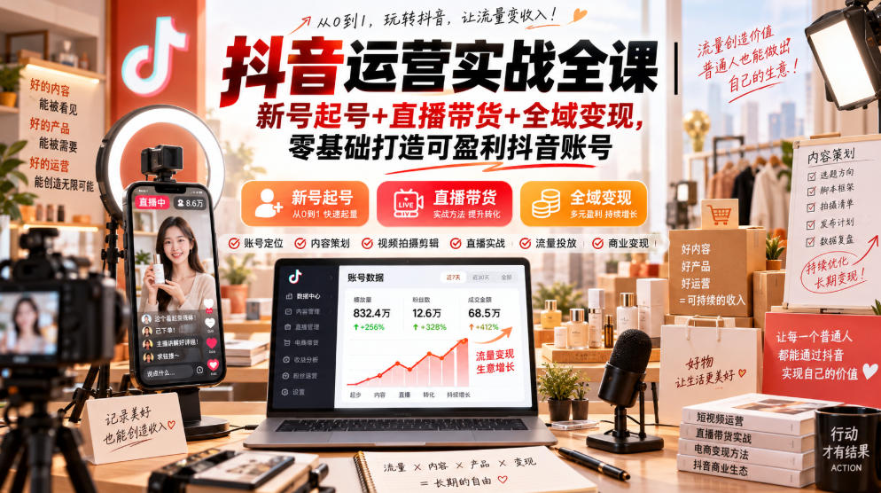 抖音运营实战全课｜新号起号+直播带货+全域变现，零基础打造可盈利抖音账号-LanTi云网创