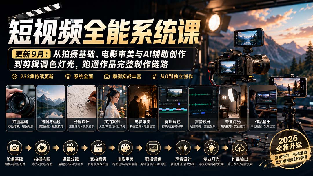 短视频全能系统课-9月完整版：从拍摄基础、电影审美与AI辅助创作到剪辑调色灯光，跑通作品完整制作链路-LanTi云网创