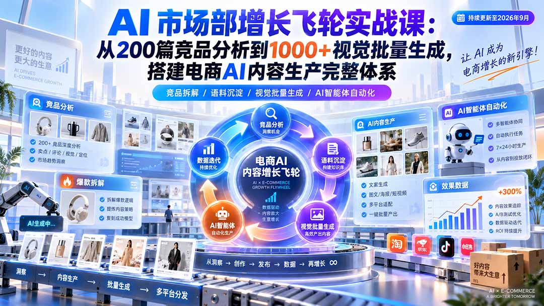 AI 市场部增长飞轮实战课：从200篇竞品分析到1000+视觉批量生成，搭建电商AI内容生产完整体系-LanTi云网创