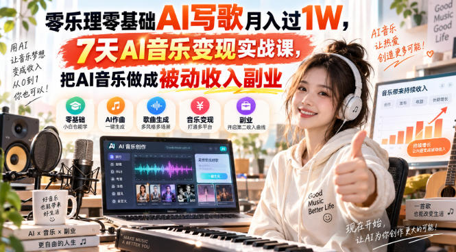 零乐理零基础AI写歌月入过1W，7天AI音乐变现实战课，把AI音乐做成被动收入副业-LanTi云网创