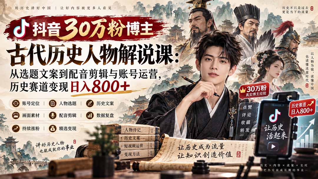 抖音30万粉博主古代历史人物解说课：从选题文案到配音剪辑与账号运营，历史赛道变现日入800+-LanTi云网创