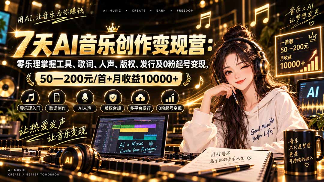 AI音乐创作变现营：零乐理掌握工具、歌词、人声、版权、发行及0粉起号变现，50—200元/首+月收益10000+-LanTi云网创