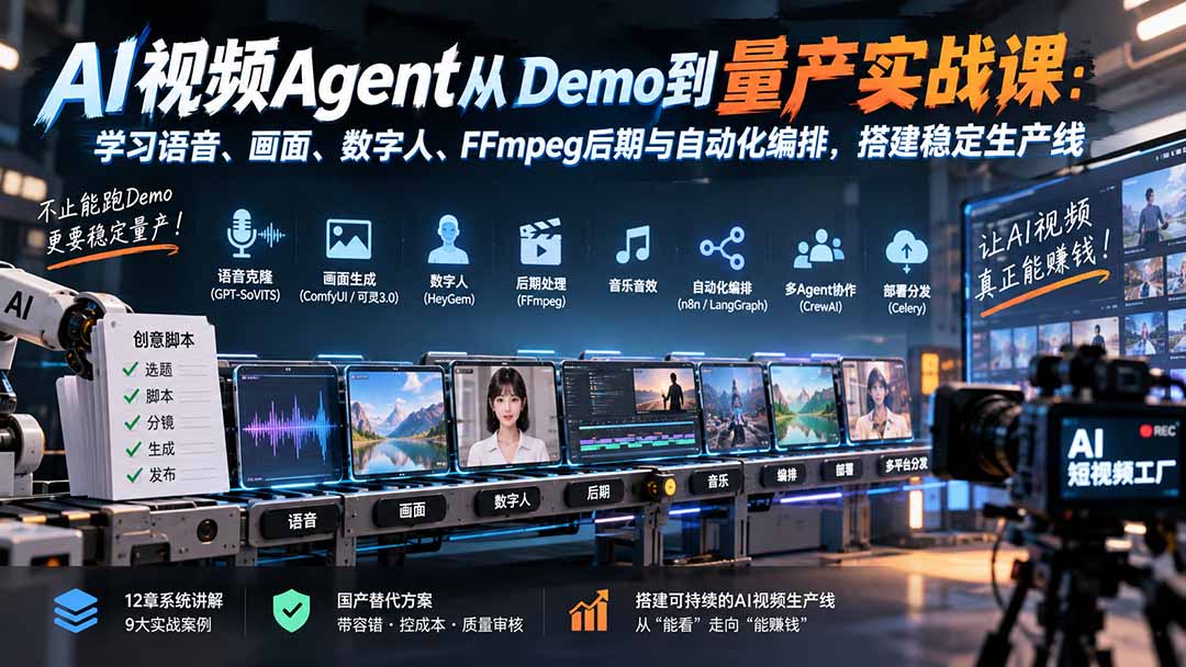 AI视频Agent从Demo到量产实战课：学习语音、画面、数字人、FFmpeg后期与自动化编排，搭建稳定生产线-LanTi云网创