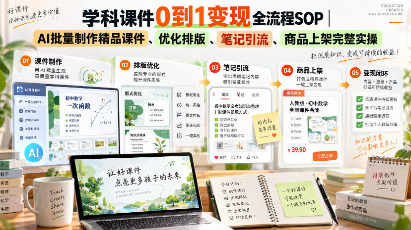 学科课件0到1变现全流程SOP｜AI批量制作精品课件、优化排版、笔记引流、商品上架完整实操​-LanTi云网创