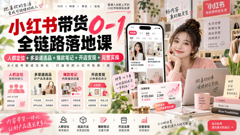 小红书带货0-1全链路落地课｜人群定位+多渠道选品+爆款笔记+开店变现完整实操-LanTi云网创