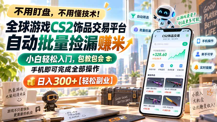 全球游戏CS2饰品交易平台自动批量捡漏赚米，小白轻松入门，包教包会，手机即可完成全部操作，日入300+【轻松副业】-LanTi云网创