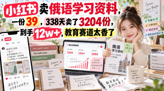 小红书卖俄语学习资料，一份39，338天卖了3204份，到手12w+，教育赛道太香了-LanTi云网创