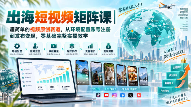 出海短视频矩阵课｜超简单的视频原创赛道，从环境配置账号注册到发布变现，零基础完整实操教学-LanTi云网创