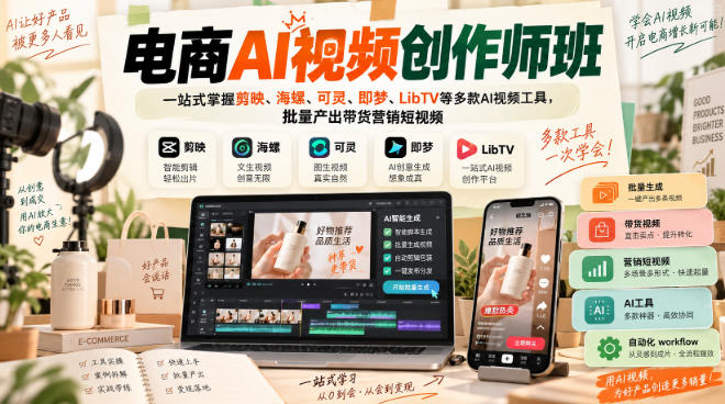 电商AI视频创作师班，一站式掌握剪映、海螺、可灵、即梦、LibTV等多款AI视频工具，批量产出带货营销短视频-LanTi云网创