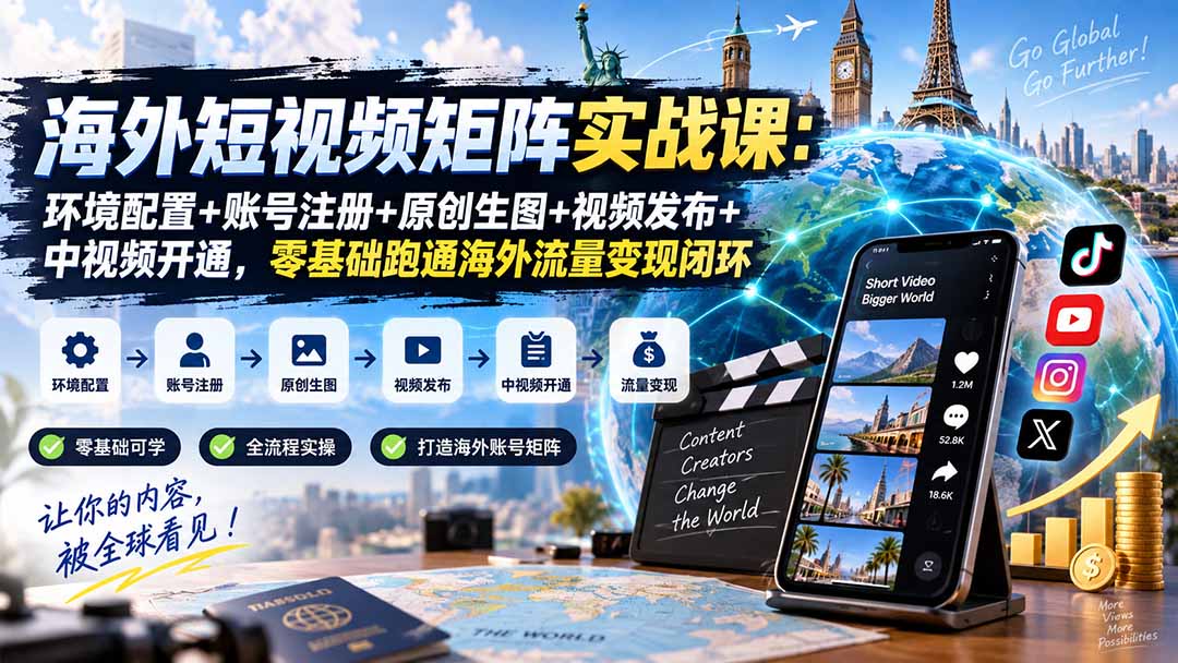 海外短视频矩阵实战课：环境配置+账号注册+原创生图+视频发布+中视频开通，零基础跑通海外流量变现闭环-LanTi云网创