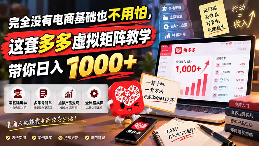 完全没有电商基础也不用怕，这套多多虚拟矩阵教学带你日入 1000+-LanTi云网创
