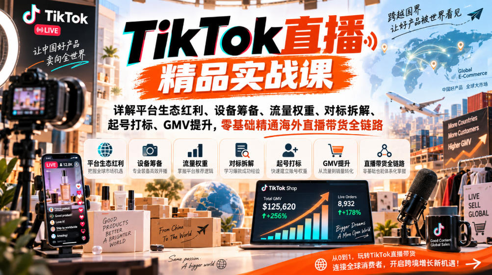 TikTok直播精品实战课，详解平台生态红利、设备筹备、流量权重、对标拆解、起号打标、GMV提升，零基础精通海外直播带货全链路-LanTi云网创