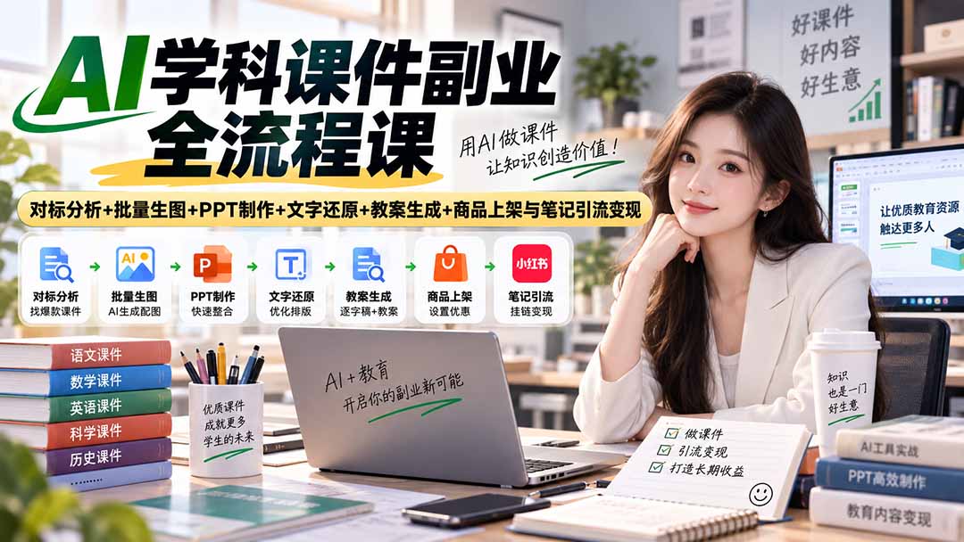 AI学科课件副业全流程课｜对标分析+批量生图+PPT制作+文字还原+教案生成+商品上架与笔记引流变现-LanTi云网创
