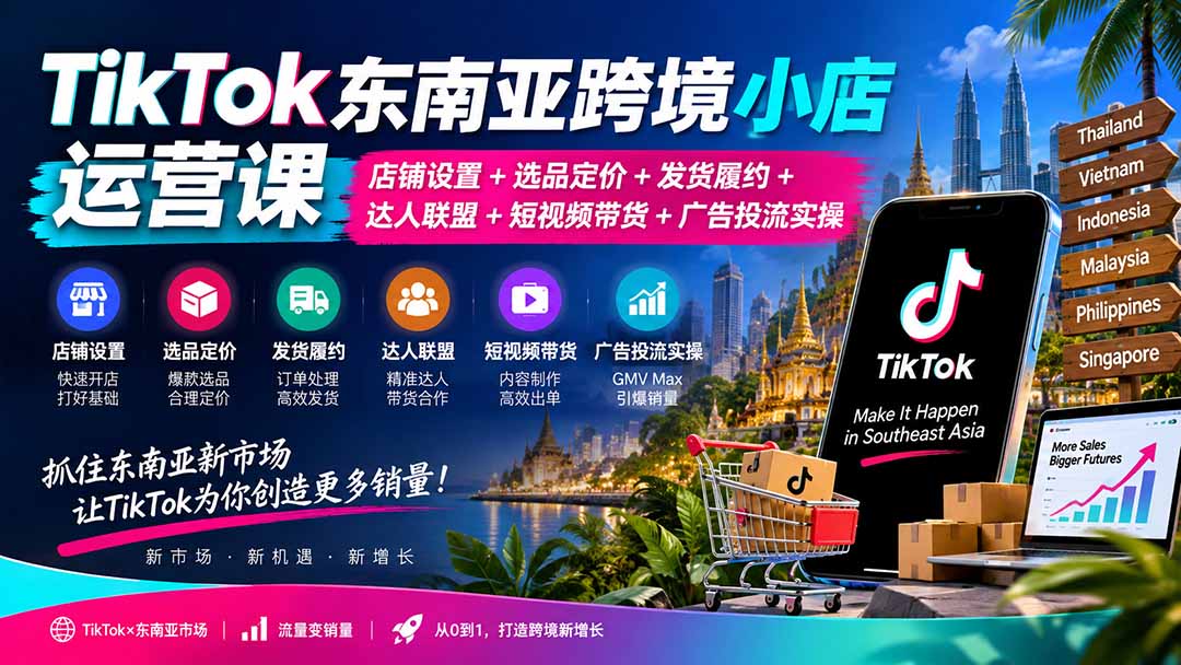 TikTok东南亚跨境小店运营课：店铺设置+选品定价+发货履约+达人联盟+短视频带货+广告投流实操-LanTi云网创