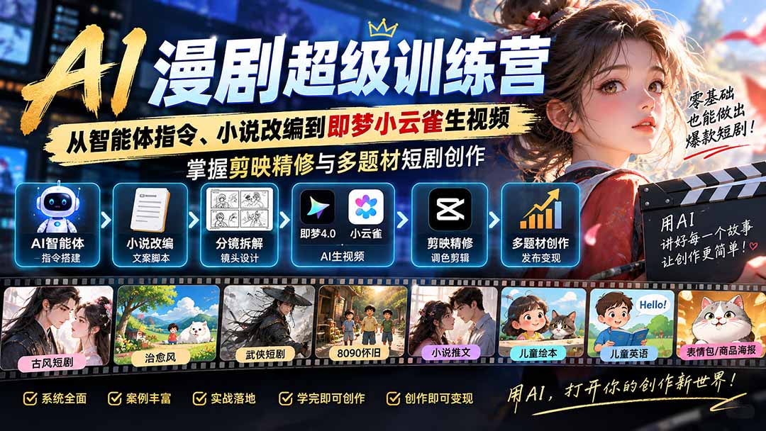 AI漫剧超级特训营：从智能体指令、小说改编到即梦小云雀生视频，掌握剪映精修与多题材短剧创作-LanTi云网创
