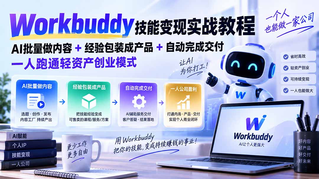 Workbuddy技能变现实战教程：AI批量做内容+经验包装成产品+自动完成交付，一人跑通轻资产创业模式-LanTi云网创