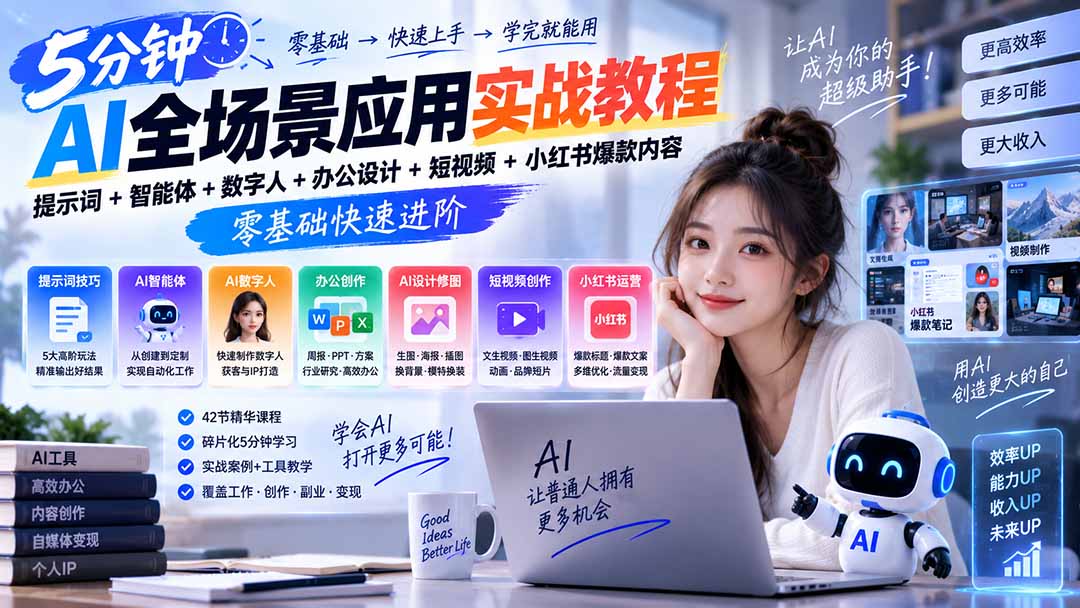 AI全场景应用实战教程｜提示词+智能体+数字人+办公设计+短视频+小红书爆款内容，零基础快速进阶-LanTi云网创