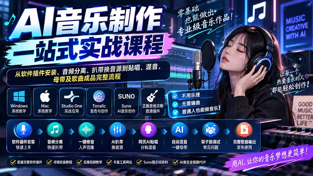 AI音乐制作一站式实战课程：从软件插件安装、音频分离、扒带换音源到贴唱、混音、母带及歌曲成品完整流程-LanTi云网创