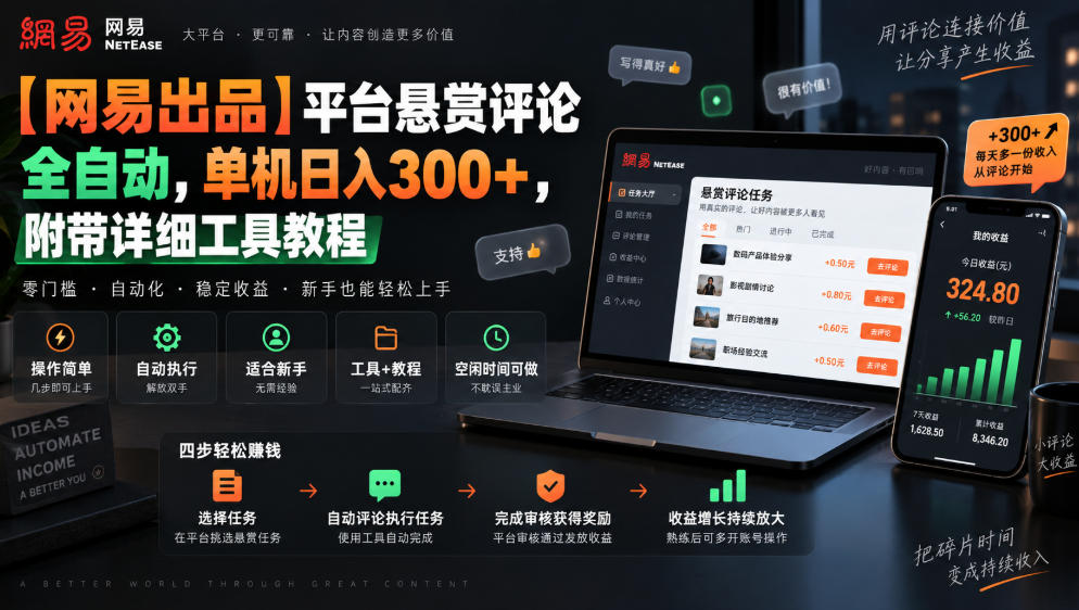 【网易出品】平台悬赏评论全自动，单机日入300+，附带详细工具教程【揭秘】-LanTi云网创