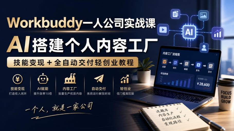 Workbuddy一人公司实战课，AI搭建个人内容工厂，技能变现+全自动交付轻创业教程​-LanTi云网创