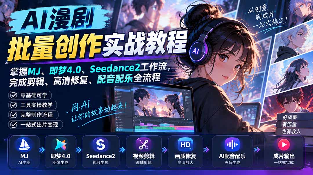 AI漫剧批量创作实战教程：掌握MJ、即梦4.0、Seedance2工作流，完成剪辑、高清修复、配音配乐全流程-LanTi云网创