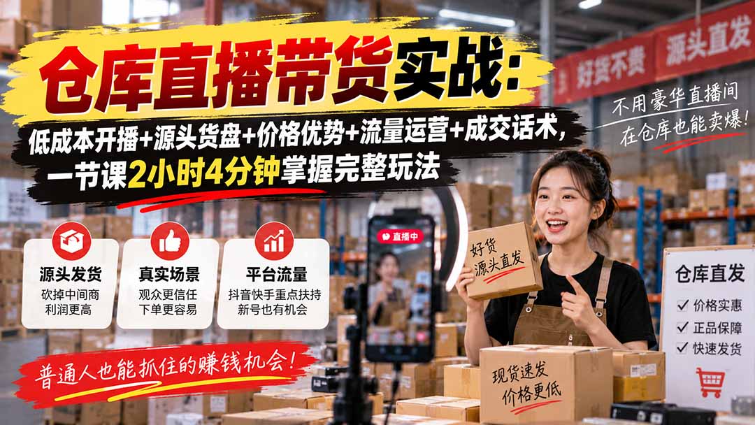 仓库直播带货实战：低成本开播+源头货盘+价格优势+流量运营+成交话术，一节课2小时4分钟掌握完整玩法-LanTi云网创