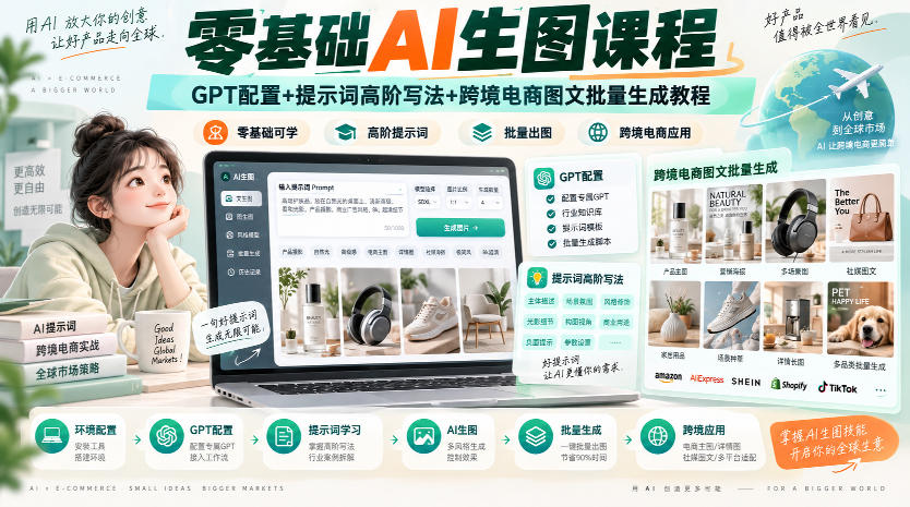 零基础AI生图课程，GPT配置+提示词高阶写法+跨境电商图文批量生成教程-LanTi云网创