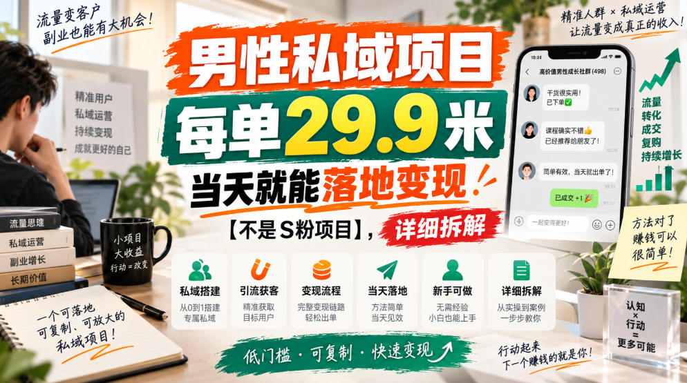 男性私域项目，每单29.9米，当天就能落地变现【不是S粉项目】，详细拆解-LanTi云网创