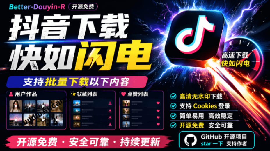 超级好用！抖音视频下载神器，支持批量下载用户作品收藏列表和点赞列表，开源完全免费Better-douyin-R-LanTi云网创