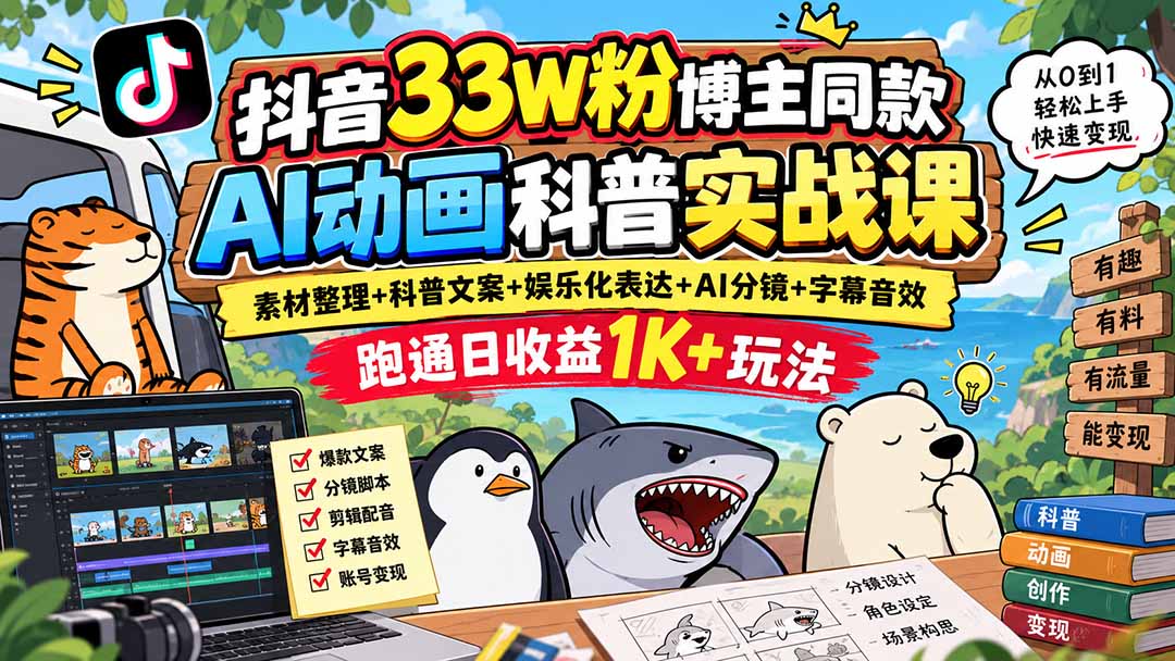 抖音33W粉博主同款AI动画科普实战课｜素材整理+科普文案+娱乐化表达+AI分镜+字幕音效，跑通日收益1K+玩法-LanTi云网创