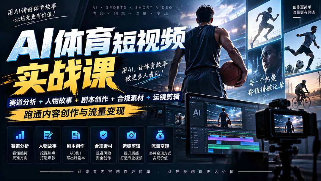 AI体育短视频赛道顶级玩法｜赛道分析+人物故事+剧本创作+版权处理+运镜剪辑，跑通流量变现-日赚1K+-LanTi云网创