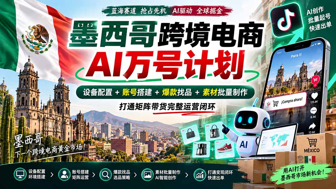 墨西哥AI跨境电商万号计划｜设备配置+账号搭建+爆款找品+素材批量制作，打通矩阵带货完整运营闭环-LanTi云网创