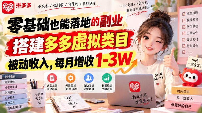 零基础也能落地的副业，搭建多多虚拟类目被动收入，每月增收1-3W【揭秘】-LanTi云网创
