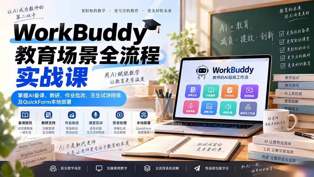 WorkBuddy教育场景全流程实战课：掌握AI备课、教研、作业批改、无生试讲陪练及QuickForm本地部署-LanTi云网创