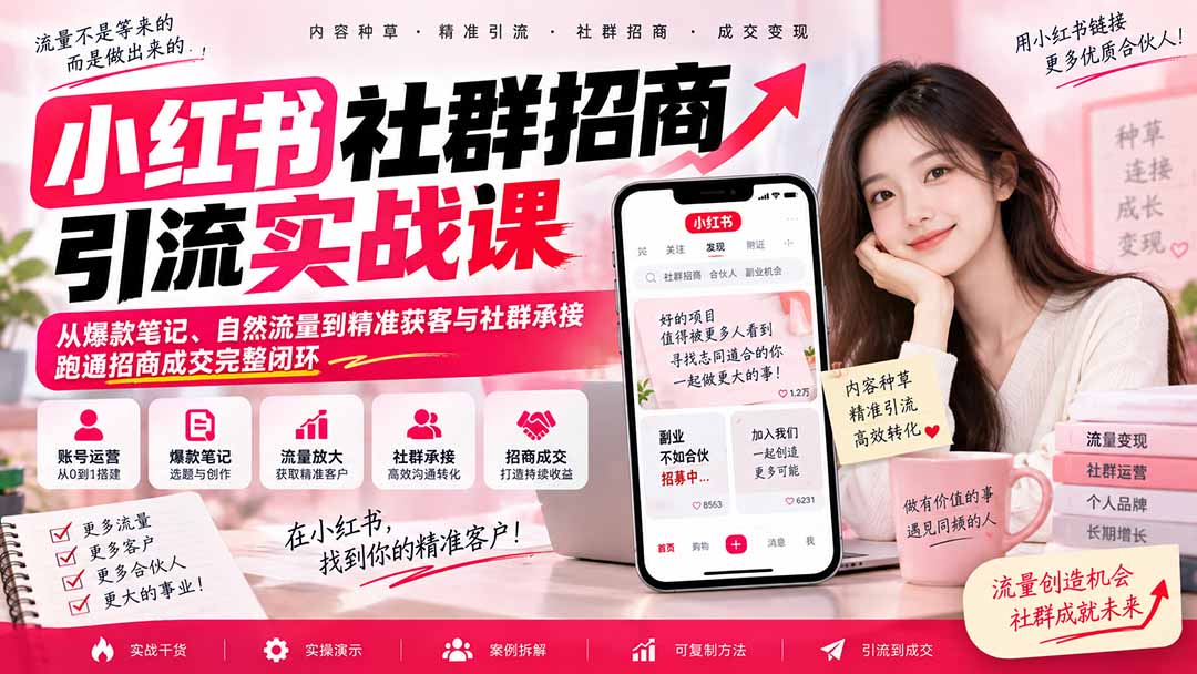 小红书社群招商引流实战课-无水印：从爆款笔记、自然流量到精准获客与社群承接，跑通招商成交完整闭环-LanTi云网创