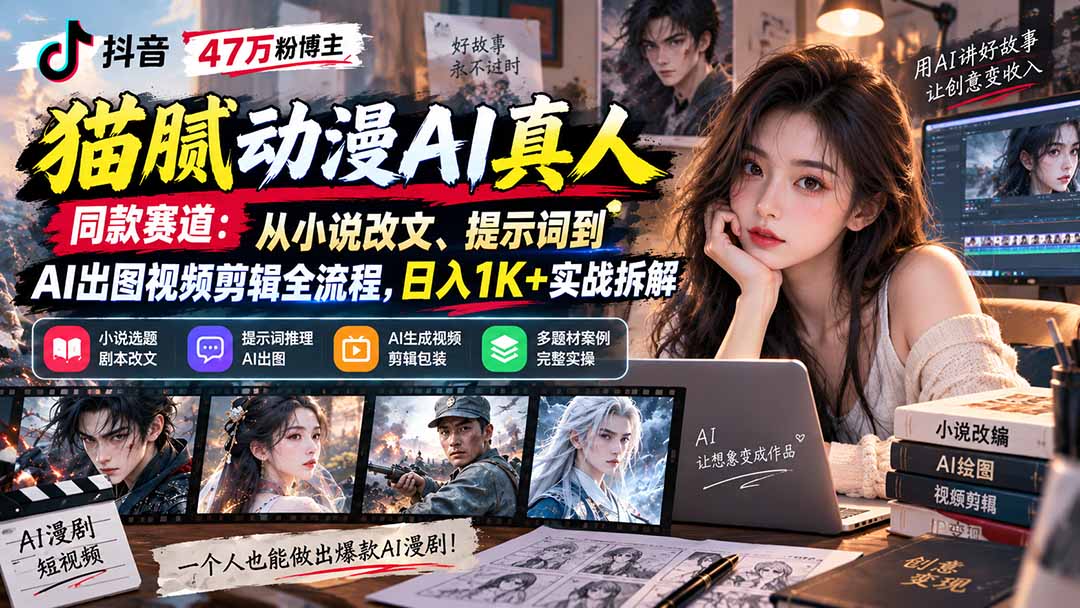 抖音47万粉博主猫腻动漫AI真人同款赛道：从小说改文、提示词到AI出图视频剪辑全流程，日入1K+实战拆解-LanTi云网创