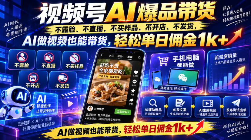 视频号Ai爆品带货，不露脸、不直播、不买样品、不开店、不发货，AI做视频也能带货，轻松单日佣金1k+-LanTi云网创