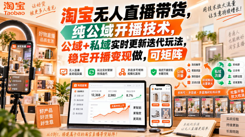 淘宝无人直播带货，纯公域开播技术，公域+私域实时更新迭代玩法，稳定开播变现做，可矩阵【揭秘】-LanTi云网创