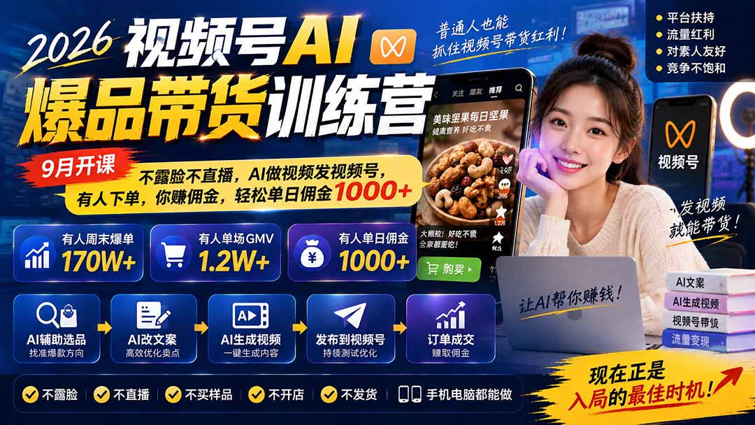 图片[1]-2026视频号AI爆品带货训练营-9月开课｜不露脸不直播，AI做视频发视频号，有人下单，你赚佣金，轻松单日佣金1000+-LanTi云网创