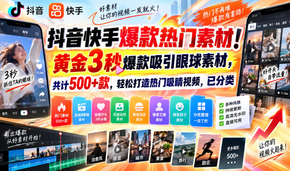 抖音快手爆款热门素材！黄金3秒爆款吸引眼球素材，共计500+款，轻松打造热门吸睛视频，已分类-LanTi云网创