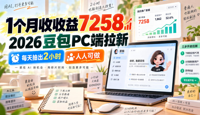 1个月收收益7258，2026豆包PC端拉新，每天抽出2小时，人人可做-LanTi云网创