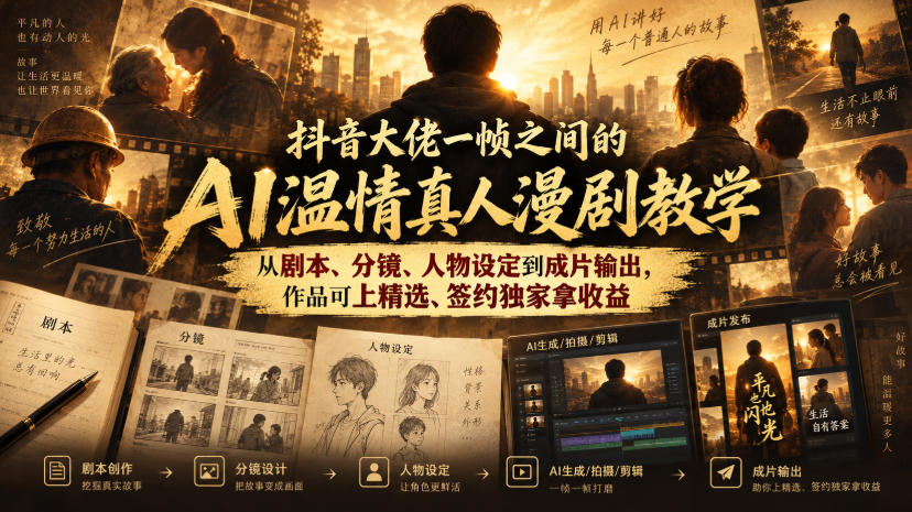 抖音大佬一帧之间的AI温情真人漫剧教学，从剧本、分镜、人物设定到成片输出，作品可上精选、签约独家拿收益-LanTi云网创