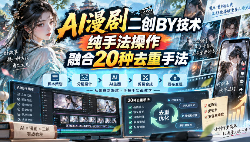 AI漫剧二创搬运技术，纯手法操作，融合20种去重手法-LanTi云网创