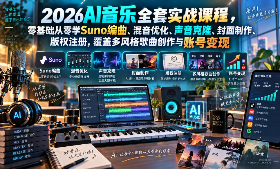 2026AI音乐实战课程，零基础从零学Suno编曲、混音优化、声音克隆、版权注册，覆盖多风格歌曲创作与账号变现-LanTi云网创