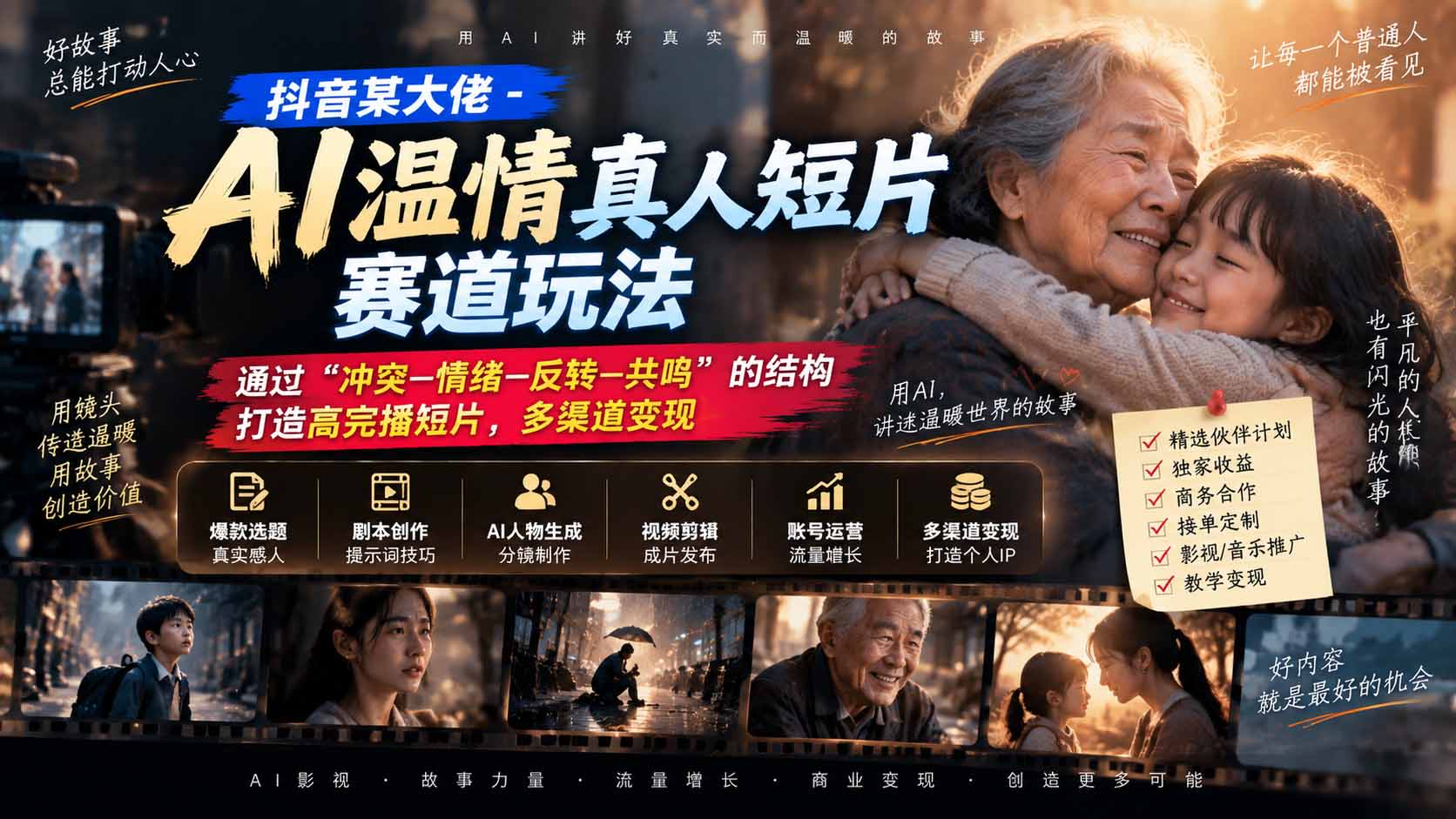 抖音某大佬-AI温情真人短片赛道玩法：通过“冲突—情绪—反转—共鸣”的结构打造高完播短片，多渠道变现-LanTi云网创