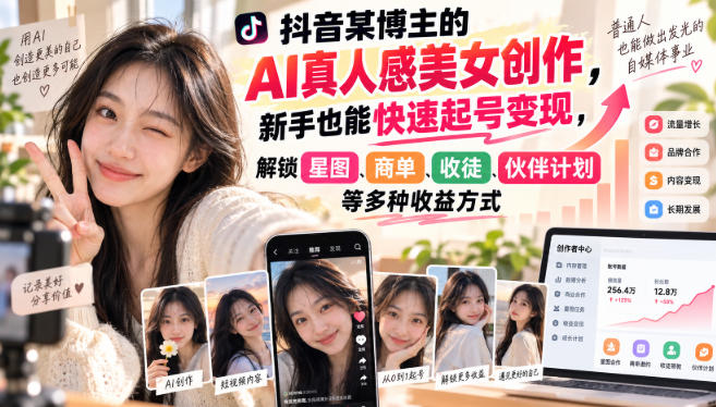 抖音某博主的AI真人感美女创作，新手也能快速起号变现，解锁星图，商单，收徒，伙伴计划等多种收益方式-LanTi云网创