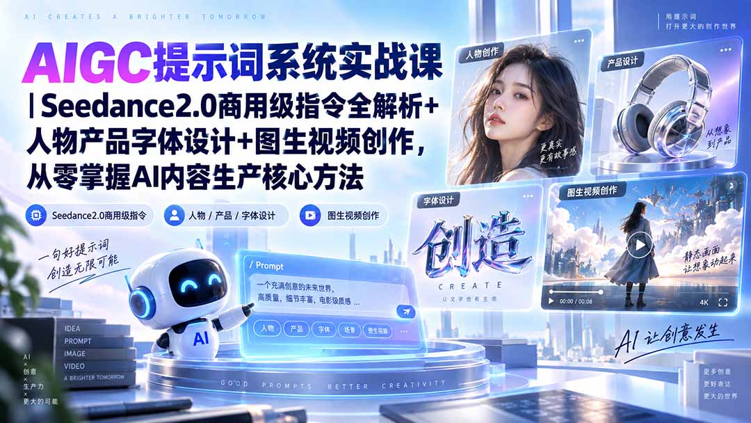 AIGC提示词系统实战课-无水印｜Seedance2.0商用级指令全解析+人物产品字体设计+图生视频创作，掌握AI内容生产方法-LanTi云网创